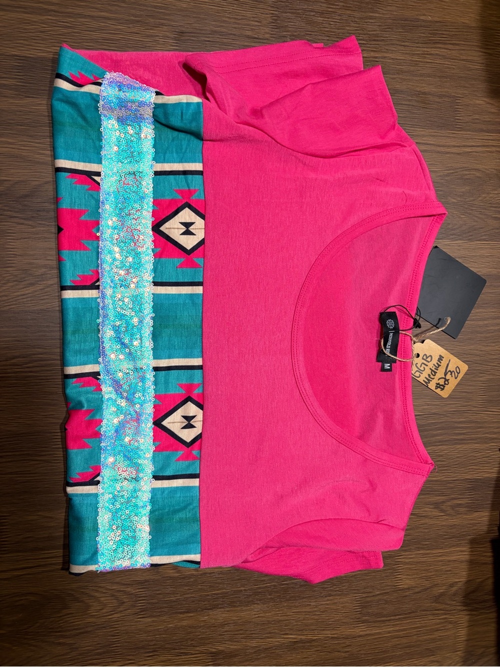 Bright Pink Short Sleeve Top with Teal Aztec Accent